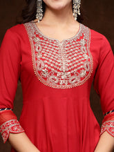 Women's Red Solid & Embroidered Rayon Anarkali Kurta Pant Dupatta Set-KPDREDQUEEN